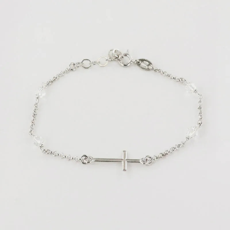 925 Silver rosary bracelet with cross and white crystals