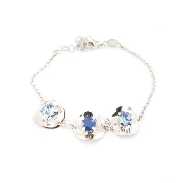 Bracciale in Argento 925 con cristalli colorati su trio di piastre martellata