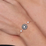 Bracciale in Argento 925  a forma di fiore stile antico con cristalli fume' e perline