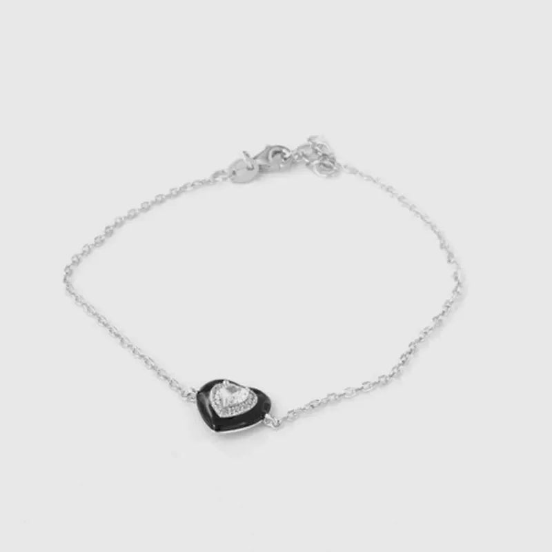 Bracciale in Argento 925 con cuore centrale impreziosito da zircone bianco e smalto nero