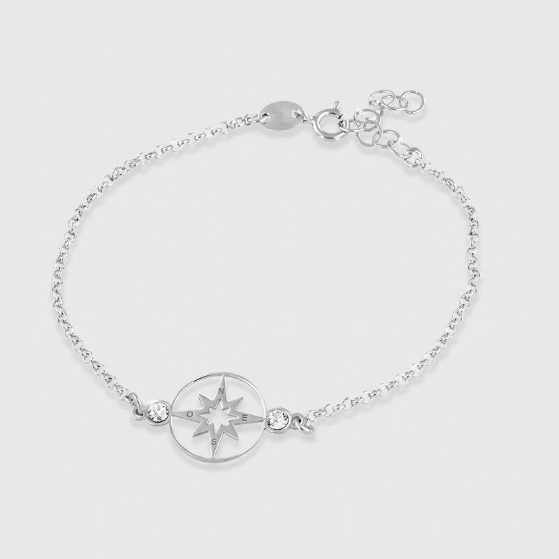 Bracciale in Argento 925 con rosa dei venti centrale, impreziosita da cristalli bianchi ai lati - BYSIMON gioielli