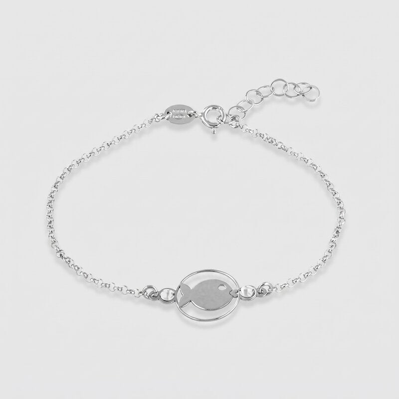 Bracciale in Argento 925 con pesciolino centrale, impreziosito da cristalli bianchi ai lati - BYSIMON gioielli