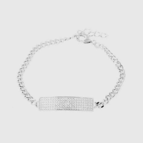 925 Sterling Silver Bracelet with Pave Central Bar and Chain Link