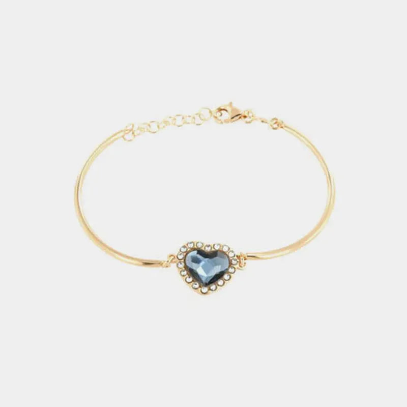 Bracciale in Argento 925 semi-rigido con cristallo forma cuore blu denim e giro di cristalli bianchi