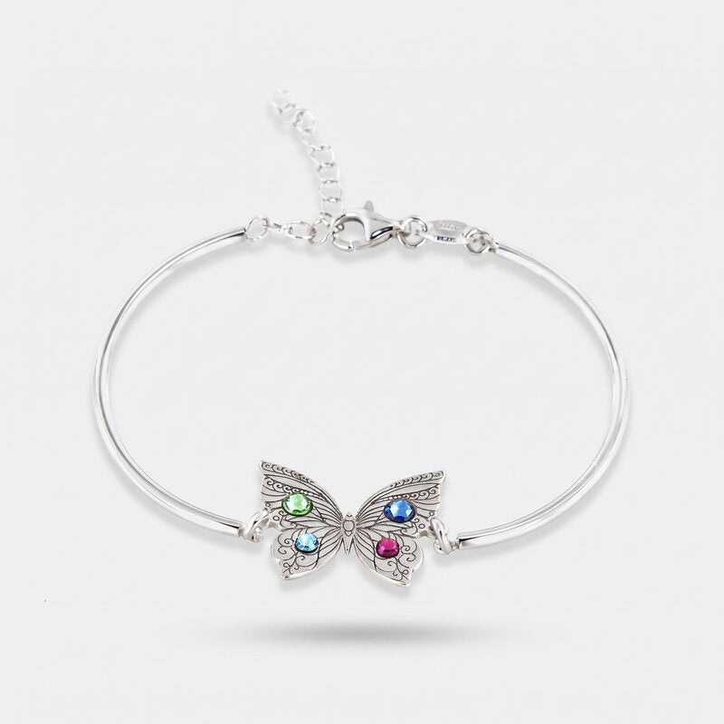 Bracciale in Argento 925 semi-rigido, con farfalla centrale impreziosita da cristalli multicolore sulle ali. - BYSIMON gioielli
