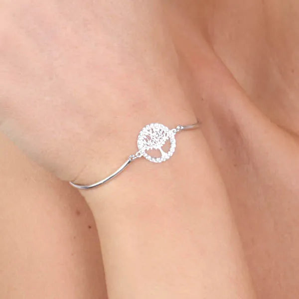 Bracciale in Argento 925 semi-rigido con albero della vita centrale in giro di cristalli bianchi