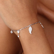 Bracciale in Argento 925 con pendenti a forma di luna, ali di angelo, freccia, stella con zirconi bianchi