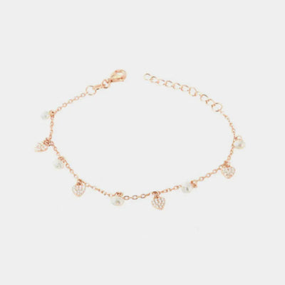 925 Silver Bracelet with heart-shaped pendants with white zircons and freshwater pearls