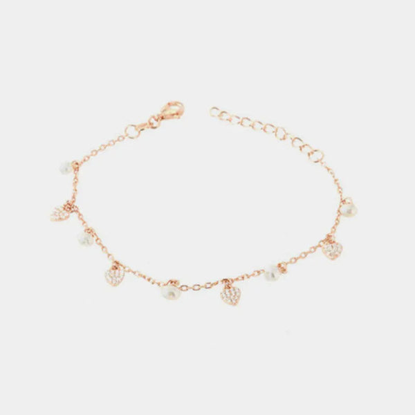 Bracciale in Argento 925 con pedenti a forma di cuore con zirconi bianchi e perle di acqua dolce