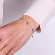 Bracciale in Argento 925 con pedenti a forma di cuore, pesciolino, fiore, ancora, coda di balena, con zirconi multicore