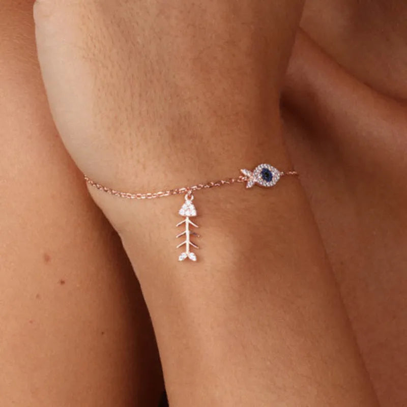 Bracciale in Argento 925 con pesciolino e lisca pendente, a zirconi bianchi e colorati