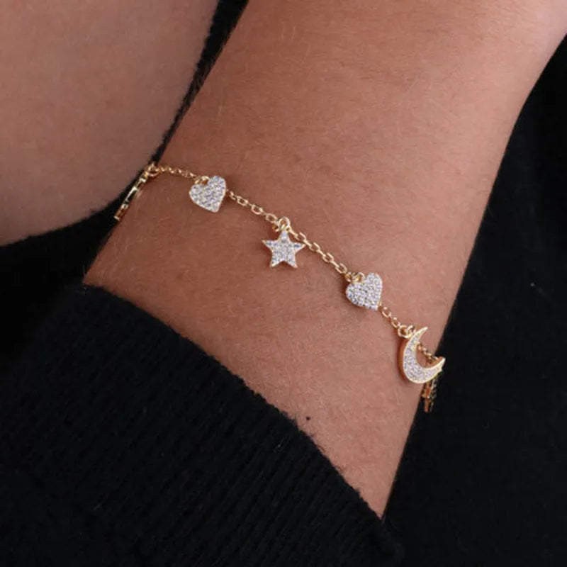 Bracciale in Argento 925 con ciondoli a forma di cuore, luna, stella, con zirconi bianchi