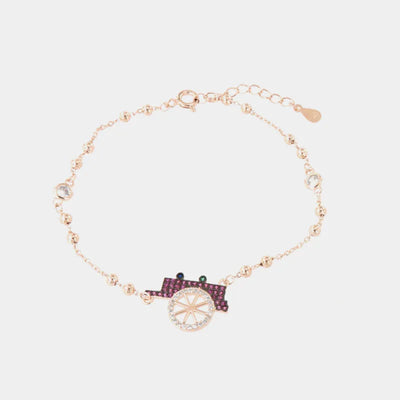 Sterling Silver 925 bracelet with Sicilian cart charm, embellished with red and white zircons on a burnished base