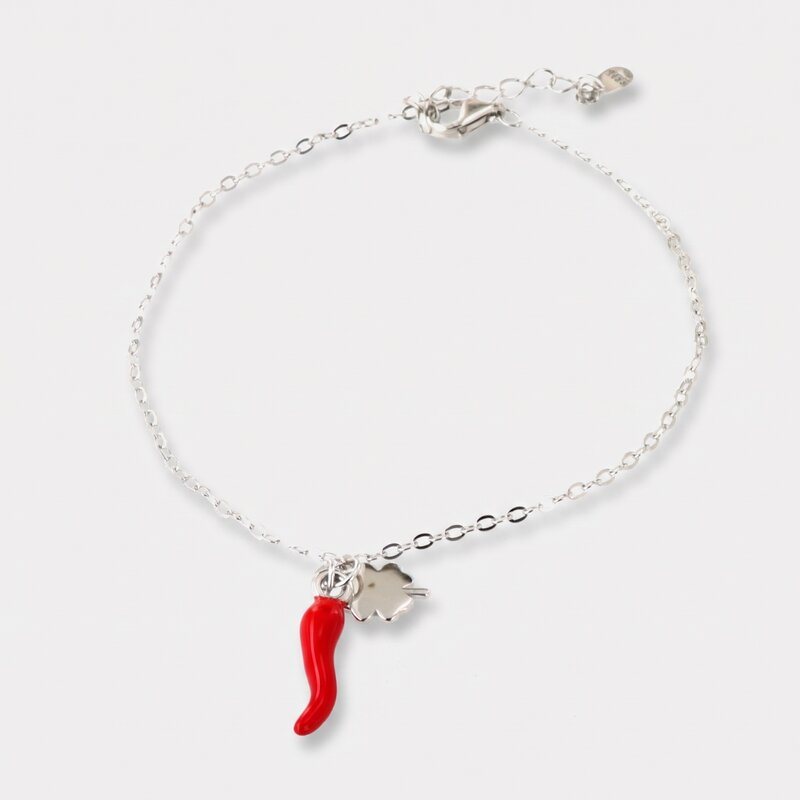 Bracciale in argento 925 con corno portafortuna rosso | cornetto portafortuna argento | BYSIMON