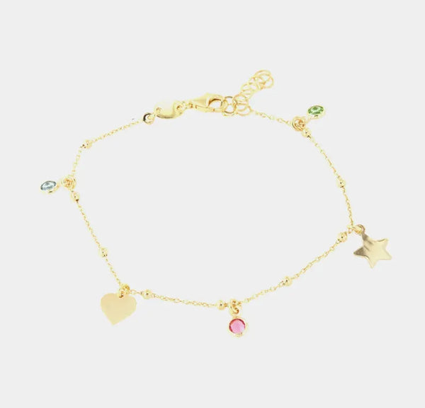 Bracciale in Argento 925 con cuori e stelle pendenti, impreziositi da cristalli multicolore