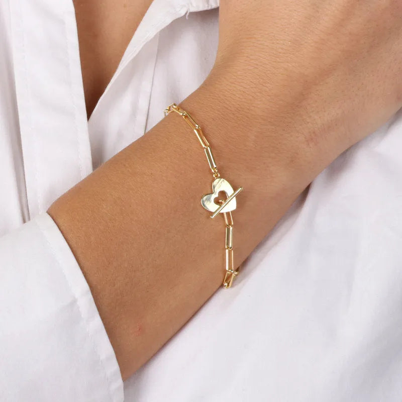 Bracciale in Argento 925 a catena con cuore liscio, chiusura t-bar