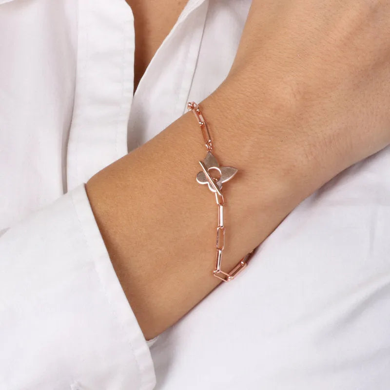 Bracciale in Argento 925 a catena con farfalla liscia, chiusura t-bar