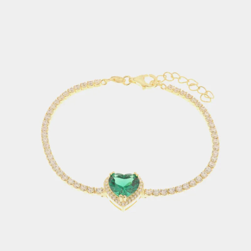 Bracciale in Argento 925 con zircone verde smeraldo a forma di cuore impreziosito da zirconi bianchi