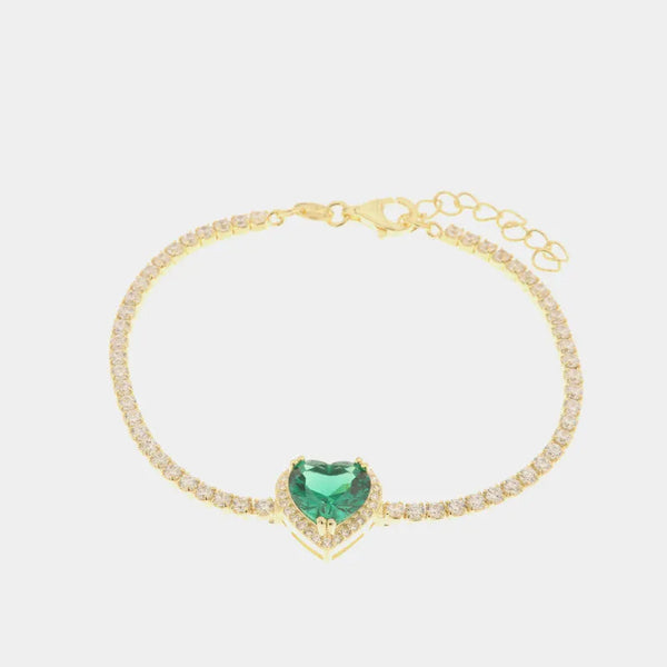 Bracciale in Argento 925 con zircone verde smeraldo a forma di cuore impreziosito da zirconi bianchi