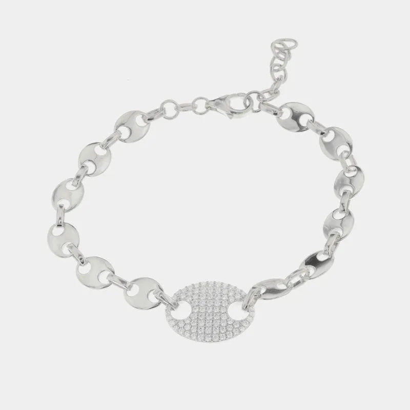 Bracciale in Argento 925 con intrecci di maglia marina e dettaglio con zirconi bianchi