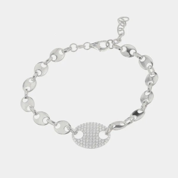Bracciale in Argento 925 con intrecci di maglia marina e dettaglio con zirconi bianchi