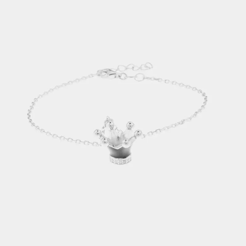 Bracciale in Argento 925 con pendente a forma di corona impreziosito da zirconi bianchi e smalto nero