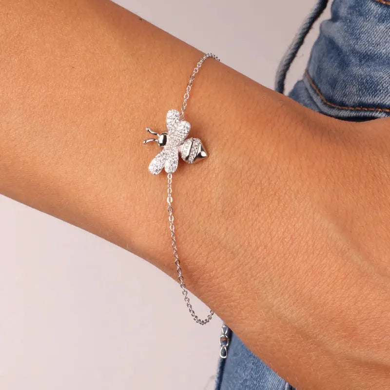 Bracciale in Argento 925 con dettaglio a forma di ape impreziosito da zirconi bianchi