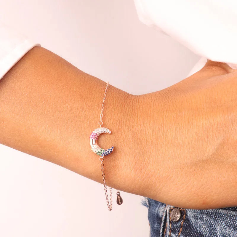Bracciale in Argento 925 con dettaglio a forma di luna impreziosito da zirconi multicolor