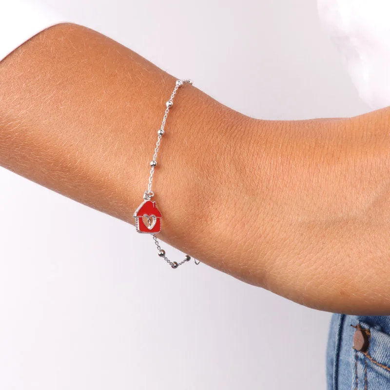 Bracciale in Argento 925 con pendente a forma di casa con cuore con smalto rosso BYS - gioiello BySimon