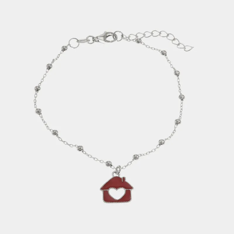 Bracciale in Argento 925 con pendente a forma di casa con cuore con smalto rosso BYS - gioiello BySimon