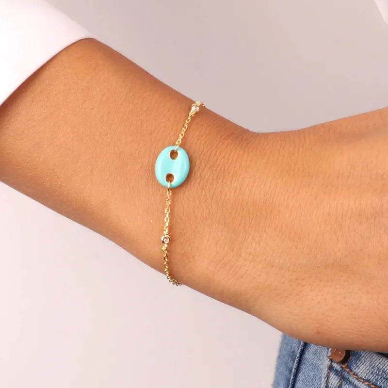 Bracciale in Argento 925 maglia a catena con dettaglio in cristalli e maglia marina smaltata turchese