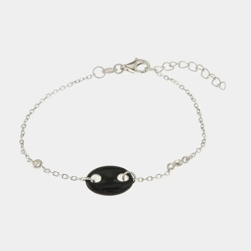 Bracciale in Argento 925 maglia a catena con dettaglio in cristalli e maglia marina smaltata nera