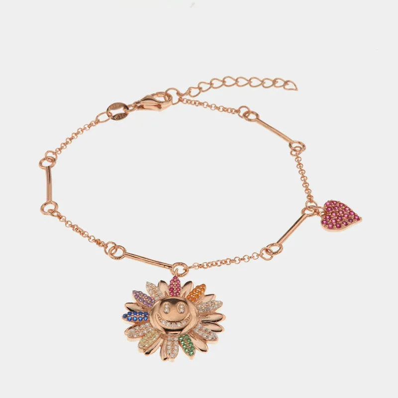 Bracciale in Argento 925 con cuore e fiore impreziositi da zirconi multicolor