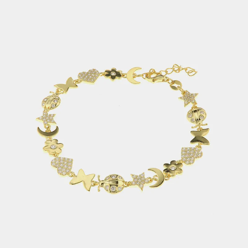Bracciale in Argento 925 con farfalla, cuore, luna, stella e fiore impreziosito da dettagli in zirconi bianchi