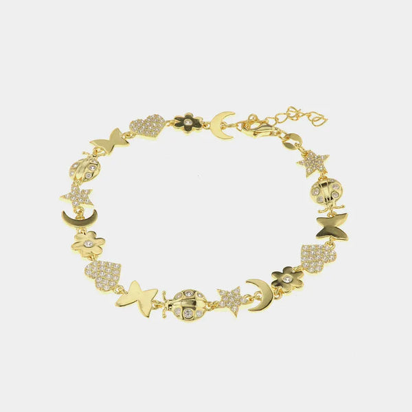 Bracciale in Argento 925 con farfalla, cuore, luna, stella e fiore impreziosito da dettagli in zirconi bianchi