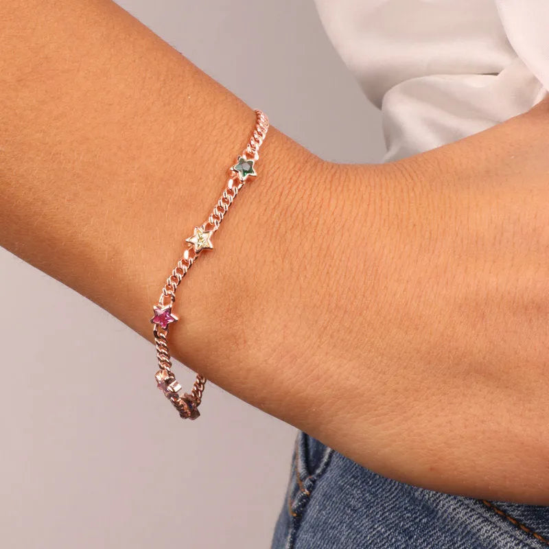 Bracciale in Argento 925 a catena alternata da stelle impreziosite da zirconi multicolor