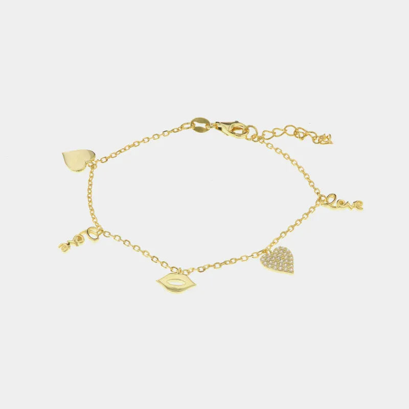 Bracciale in Argento 925  con ciondoli love, bacio e cuore tempestato da zirconi bianchi