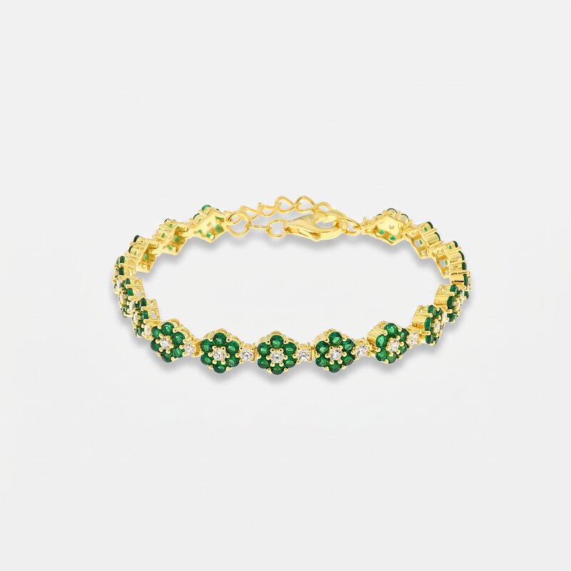 Bracciale in Argento 925 con zirconi verdi e bianchi a forma di fiore - BYSIMON gioielli