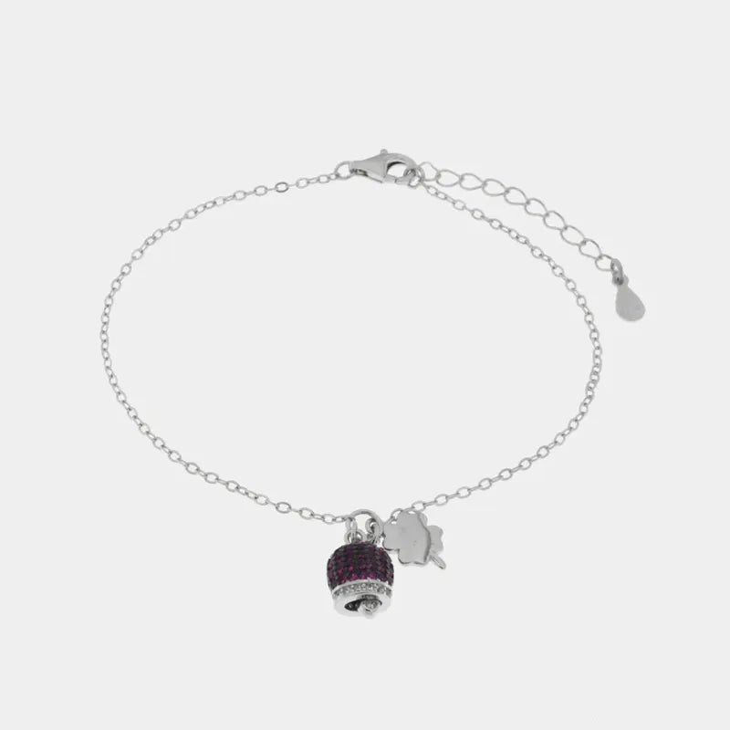 Bracciale in Argento 925 campanella portafortuna impreziosito da zirconi rossi e quadrifoglio