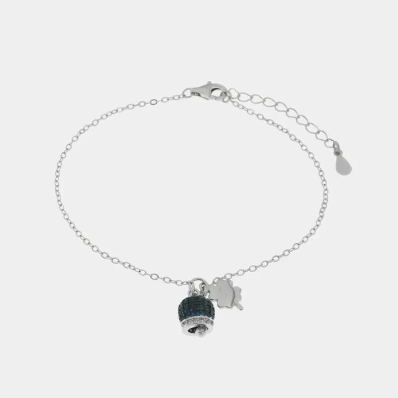 Bracciale in Argento 925 campanella portafortuna impreziosito da zirconi blu e quadrifoglio