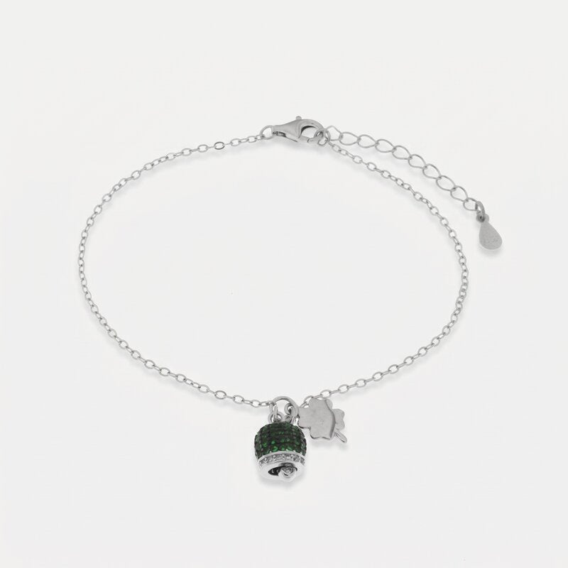 Bracciale in Argento 925 campanella portafortuna impreziosito da zirconi rossi e quadrifoglio