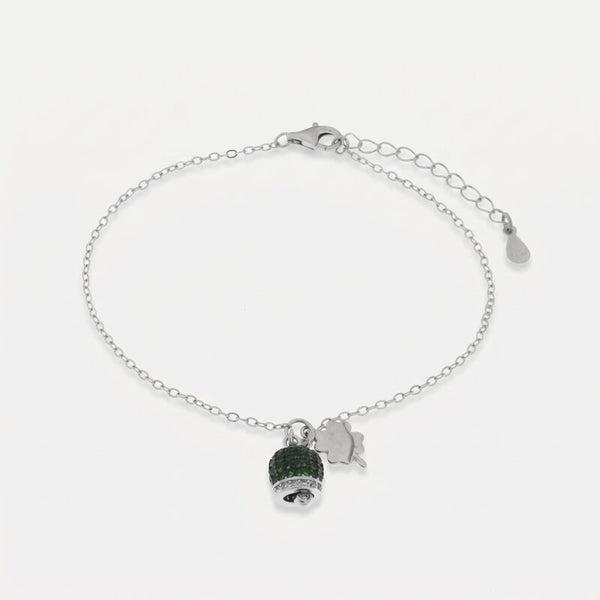 Bracciale in Argento 925 campanella portafortuna impreziosito da zirconi rossi e quadrifoglio