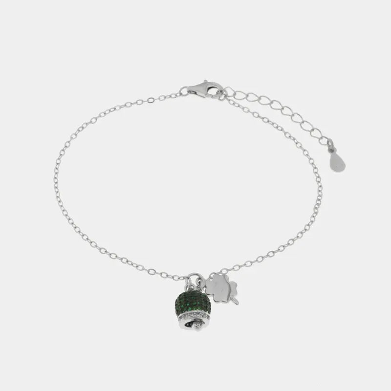 Bracciale in Argento 925 campanella portafortuna impreziosito da zirconi rossi e quadrifoglio