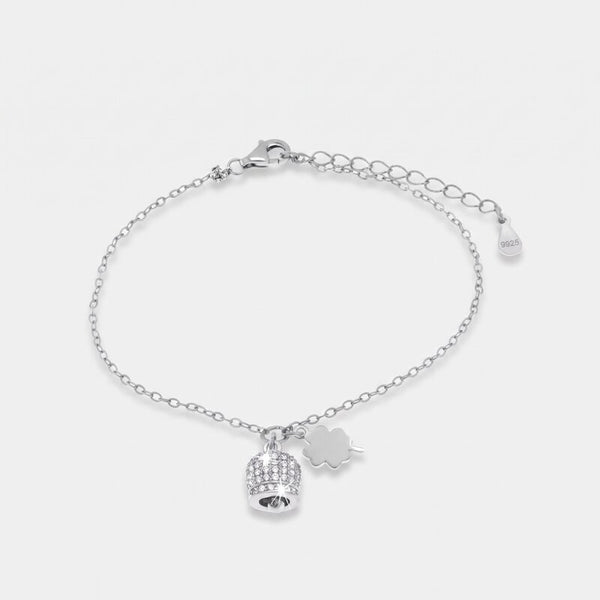 Bracciale in Argento 925 campanella portafortuna impreziosito da zirconi bianchi e quadrifoglio