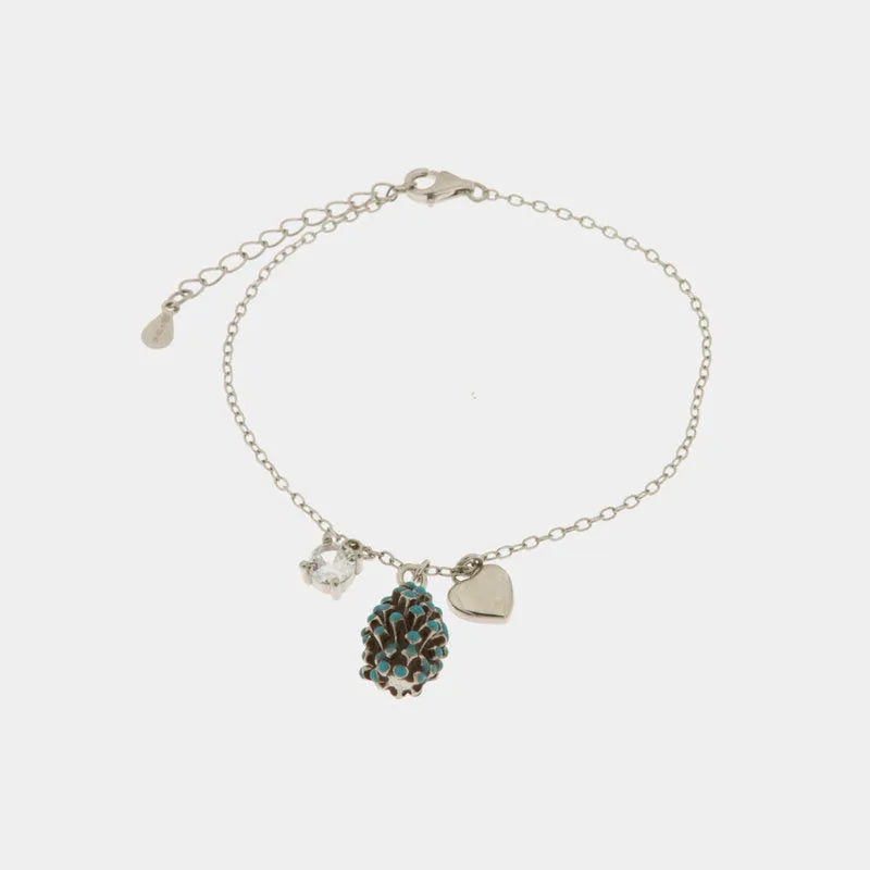 Bracciale in Argento 925 con pigna portafortuna impreziosito da zirconi blu e cuore pendente