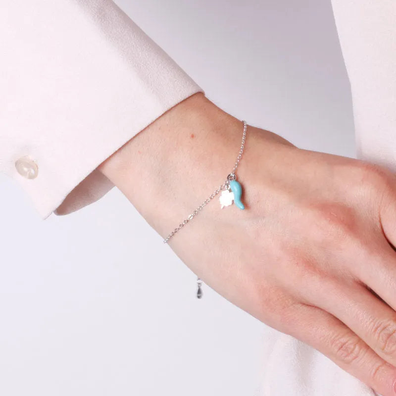 Bracciale in Argento 925 con cornetto portafortuna turchese e quadrifoglio - BYSIMON gioielli