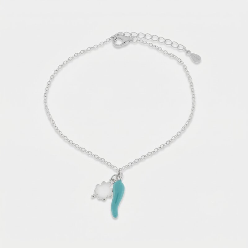 Bracciale in argento 925 con cornetto portafortuna turchese | cornetto portafortuna argento | BYSIMON