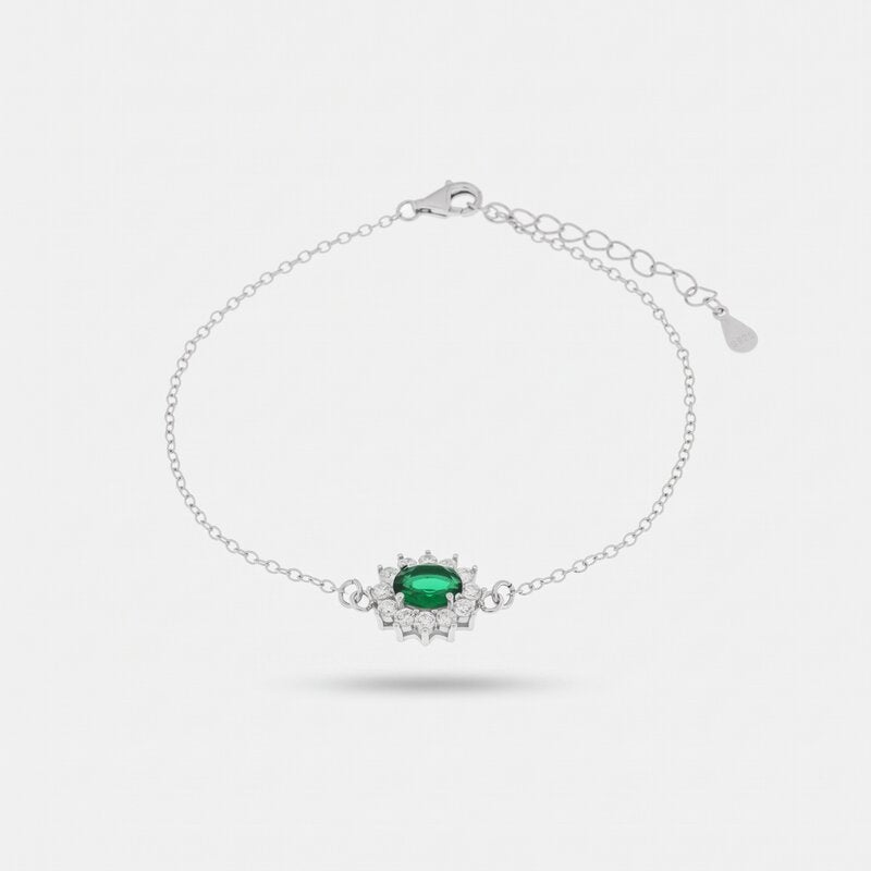 Bracciale in Argento 925 con zirconi bianchi e zircone centrale verde - BYSIMON gioielli