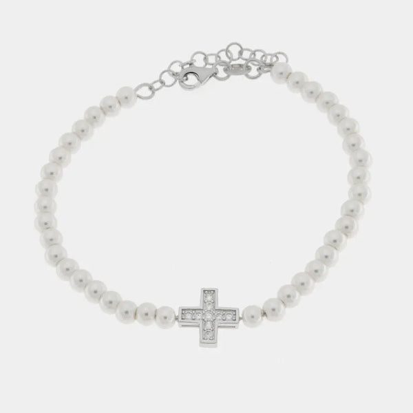Bracciale in Argento 925 con perle di acqua dolce e croce centrale - BYSIMON gioielli