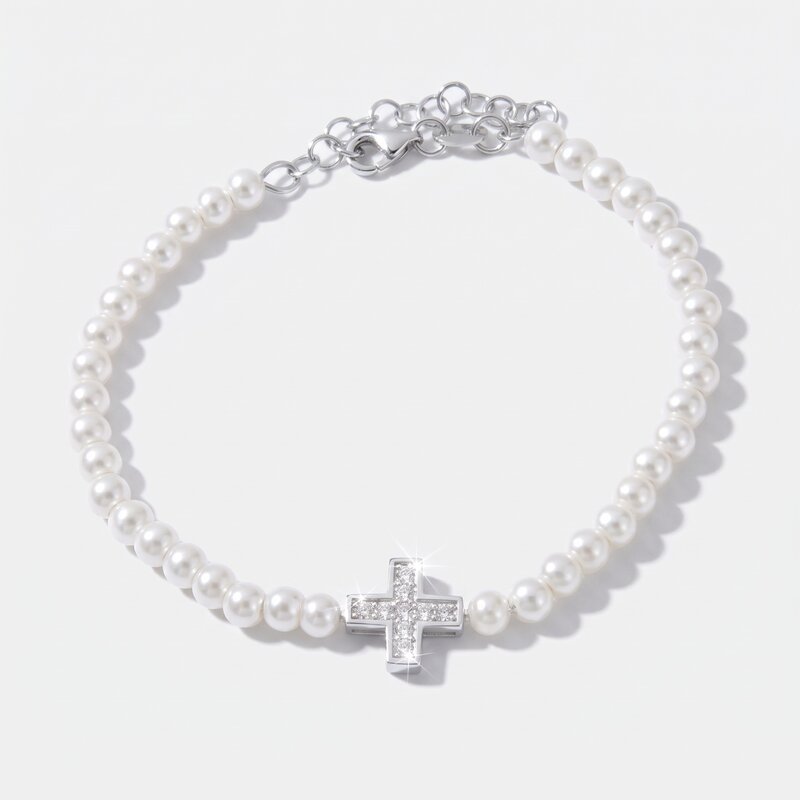 Bracciale in Argento 925 con perle di acqua dolce e croce centrale - BYSIMON gioielli